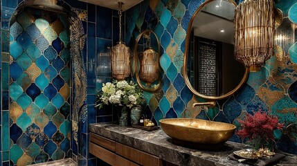 Opulent Bathroom Oasis: Teal and Gold Arabesque Tiles with Luxurious Brass Fixtures