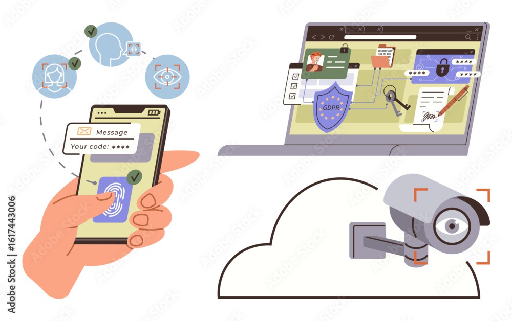 Poster hand using fingerprint authentication, laptop with cybersecurity tools, and security camera linked t