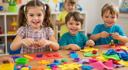 Fototapeta premium Happy Young Children Playing with Colorful Craft Materials in Classroom