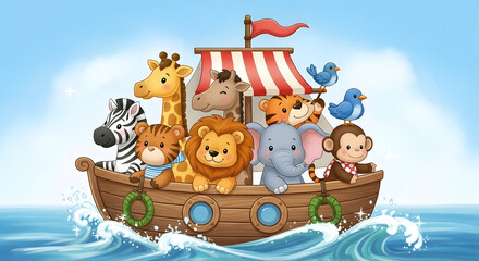 Noah's Ark Voyage: A whimsical illustration depicts Noah's Ark, filled with a delightful assortment of friendly animal, sailing on a calm sea under a serene sky.