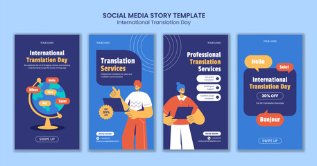 Hand Drawn Social Media Stories Template for International Translation Day in Flat Cartoon Style