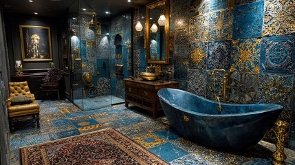 Luxurious, Intricate Bathroom with Blue and Gold Mosaic Tiles