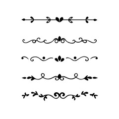 Obraz premium Text dividers doodle set. Wedding decorative elements. Divider ornament, borders, vintage line separators. Hand drawn vector illustration isolated on white background.Gold text dividers doodle set. 