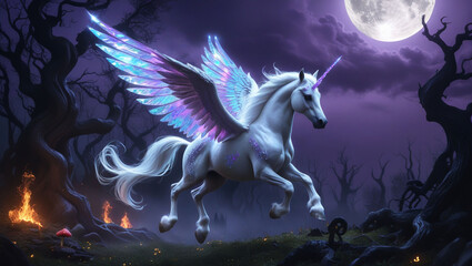 Fantasy unicorn pegasus moonlit flight magical forest creature mystical equine winged horse fairytale art