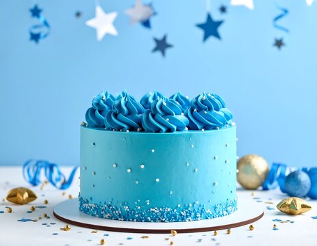 Festive blue cake on white