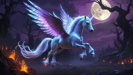 Fantasy unicorn pegasus flying horse moonlit night magical creature winged stallion fairytale dreamscape art