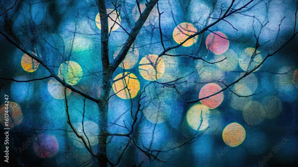 Poster bare tree branches against a backdrop of colorful bokeh.