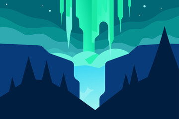 Enchanting aurora borealis over a mystical waterfall and mountains