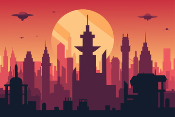 Fototapeta premium Futuristic cityscape with flying saucers under a large sunset