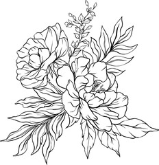 Delicate blossoms bloom in black and white harmony, framed by curling leaves and slender stems, the arrangement radiates balance, depth, and quiet botanical grace