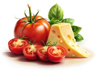 Juicy Tomatoes & Creamy Cheese: Delicious Food Photography, Fresh Produce, White Background
