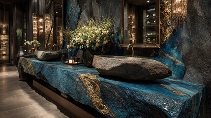 Luxurious Dark Blue and Gold Stone Bathroom Vanity with Natural Rock Sinks