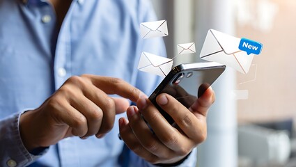 Man using smartphone checking emails receiving messages notifications concept of communication technology business and digital marketing strategy