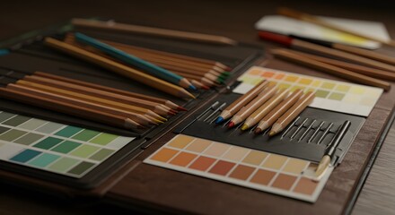 Naklejka premium Artist's Color Pencil Set with Color Palette, Design Tools Still Life