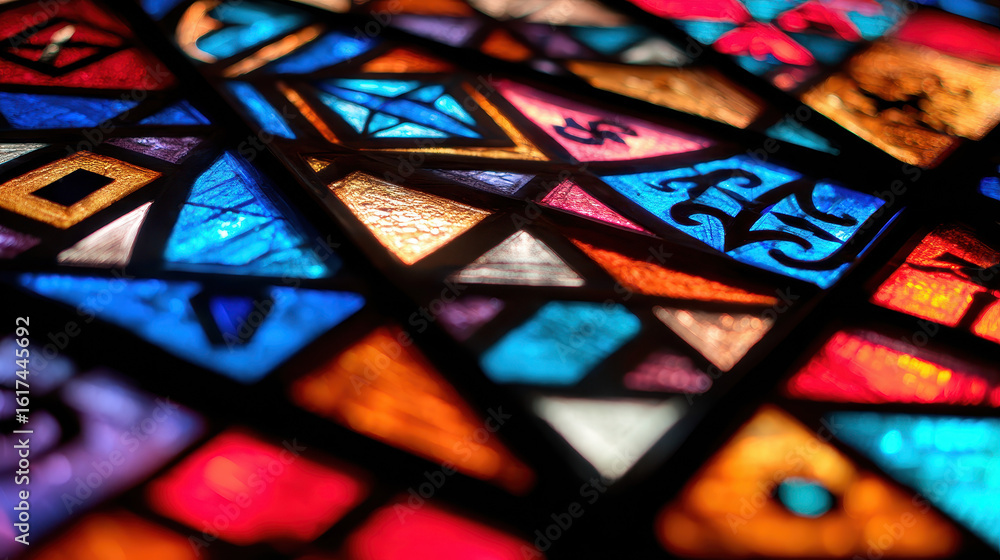 Poster close-up view of intricate stained glass patterns.
