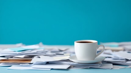 Chaotic Workspace: Cluttered Office Desk Symbolizing Inefficient Management and Business Disarray. Copy Space Available.
