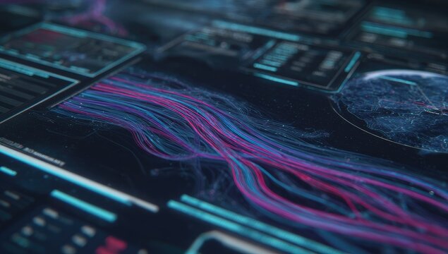 Futuristic data streams on a complex interface