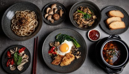 Asian cuisine platter with noodles, stir-fry, and soup
