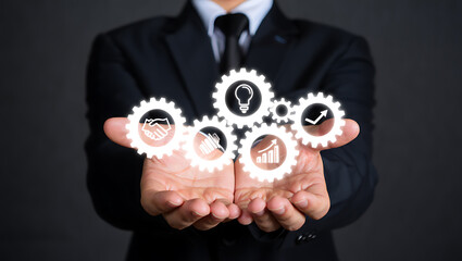 Business gears with handshake lightbulb growth and checkmark image