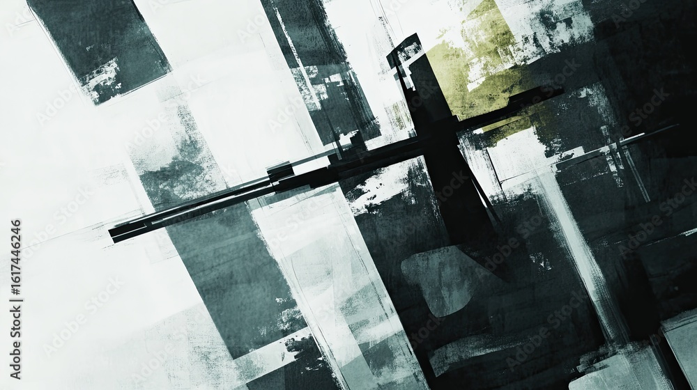 Poster abstract composition of intersecting shapes and textures.