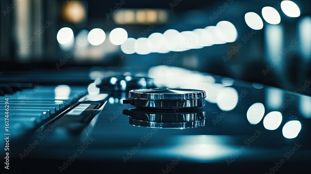 Poster close-up of a metallic control knob on a dark surface.