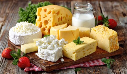 Assorted cheeses, milk, and fresh produce on a rustic wooden board