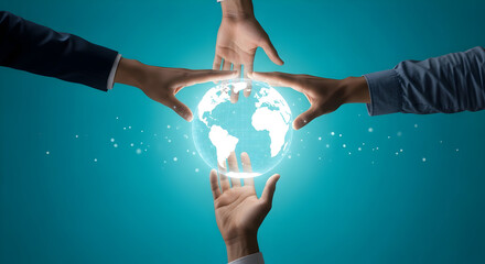 Global business team hands touching glowing world