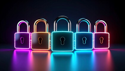 Five neon padlocks in a row, reflecting on a dark surface