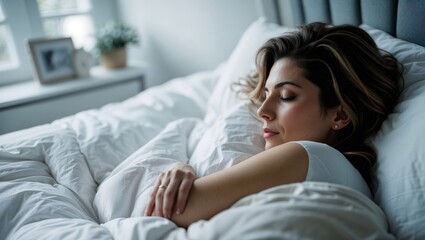 Attractive young woman sleeping in her bed. Lying down resting with eye closed
