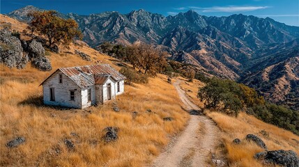Abandoned Homestead with Majestic Mountain Backdrop, Rural Landscape, Rustic Charm