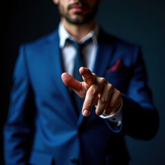 Detailed Portrait of a Man in Blue Suit Pointing at Camera