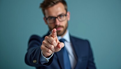 Confident Businessman in Suit Pointing Forward with Strong Expression