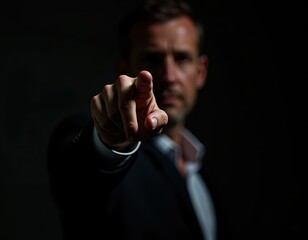 Intense Close-up of a Man Pointing Finger Towards the Camera