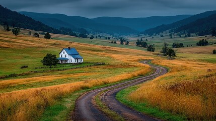 Winding Dirt Road Through Golden Hills to a Solitary Blue-Roofed Farmhouse
