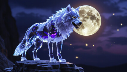 Crystal wolf moon night stars fantasy creature majestic animal wildlife glowing mystical ethereal scene