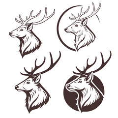 Collection of stylized deer head emblems and logos with antlers in profile view
