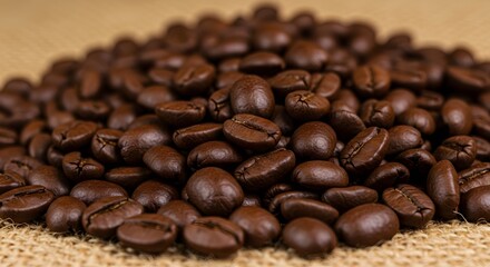 Pile of Roasted Coffee Beans on Burlap Fabric