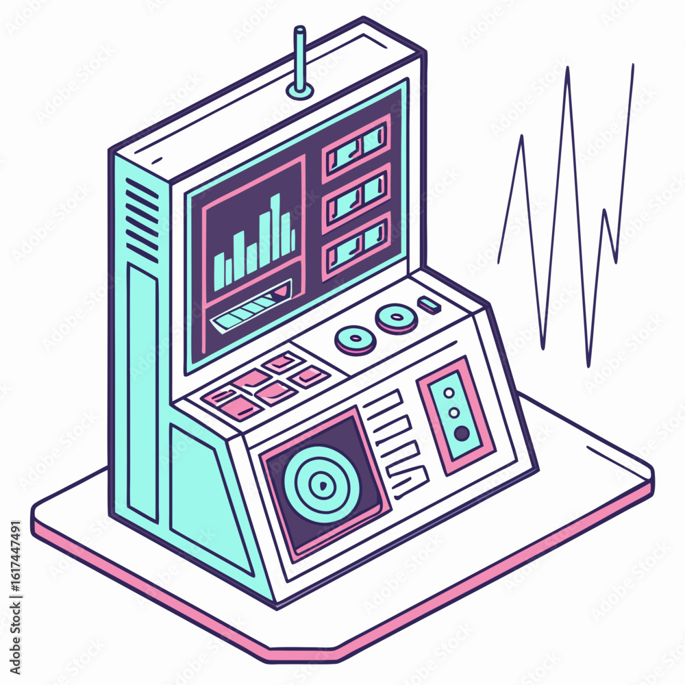 Poster retro futuristic control panel with graphs and waveform display in isometric view
