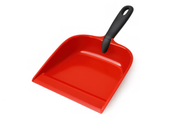 Red plastic dustpan with black handle isolated on transparent background, cleaning equipment for household chores