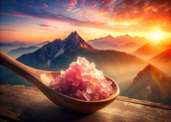 Himalayan Pink Salt Double Exposure Photography: Wooden Spoon & Mountain Range