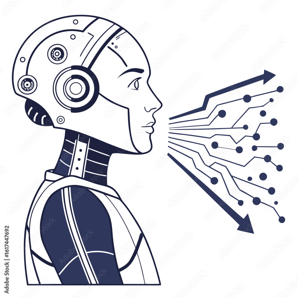 Poster humanoid robot head profile speaking digital data streams with circuit board connections and arrows