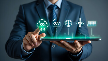 Businessman interacting with environmental technology icons suit tablet