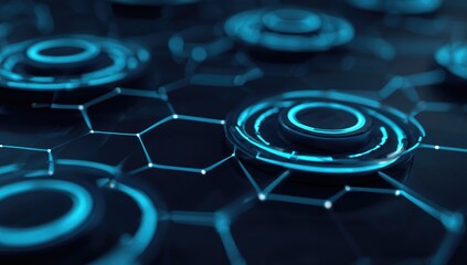 Abstract futuristic display of glowing circular elements on a hexagonal grid