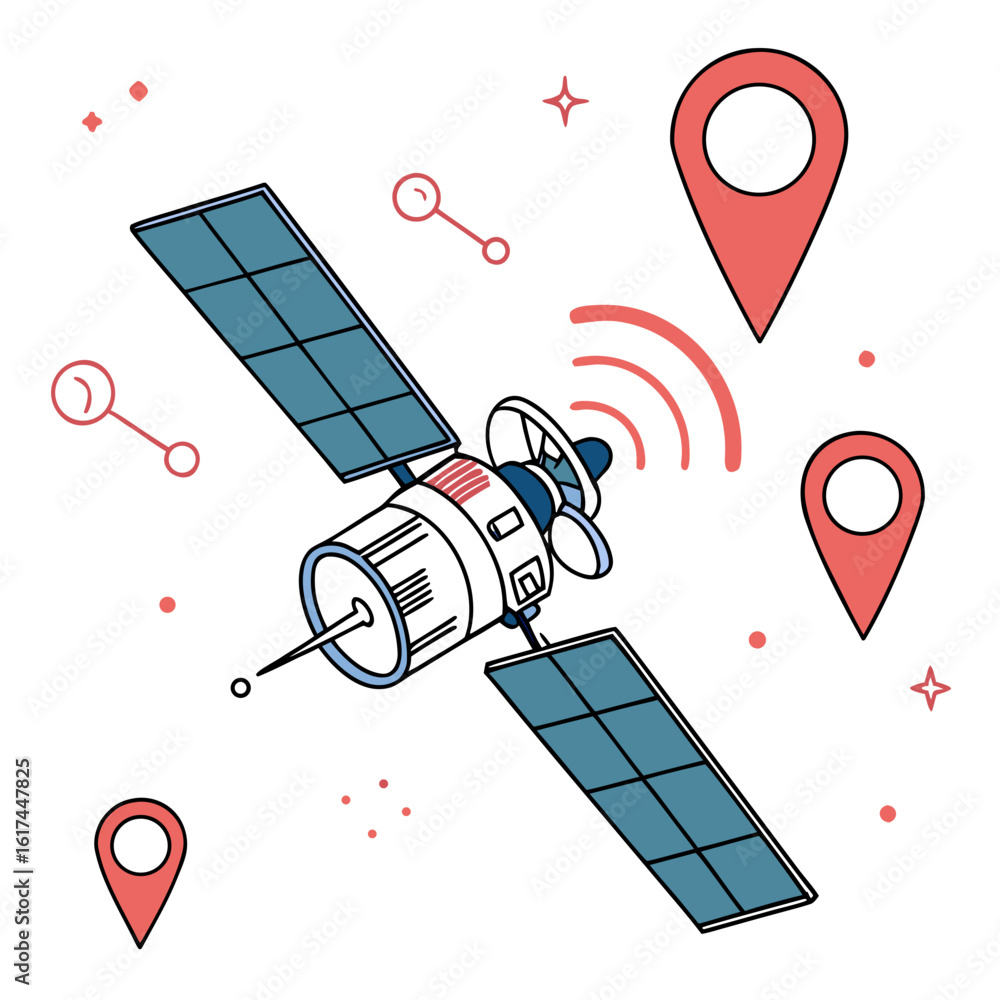 Poster satellite transmitting navigation signals with location pins and abstract elements in a flat design 