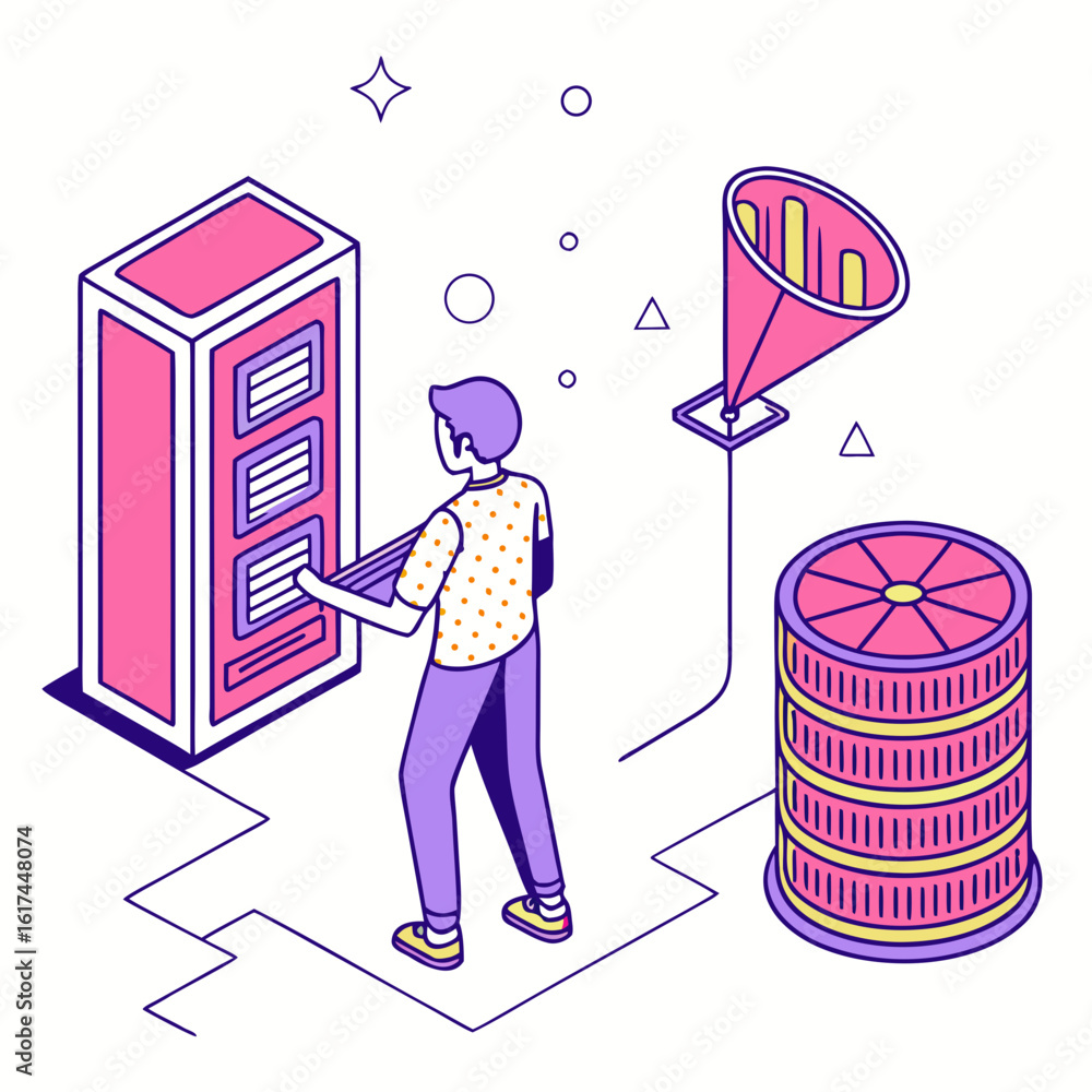 Poster person interacting with server racks and data analytics funnel in isometric digital art style