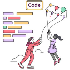 Two diverse people flying a kite made of speech bubbles and lights representing code