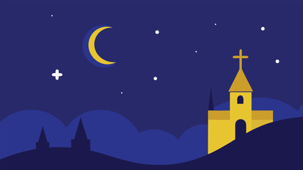 Fototapeta premium Serene night sky with crescent moon and church steeple under starry sky