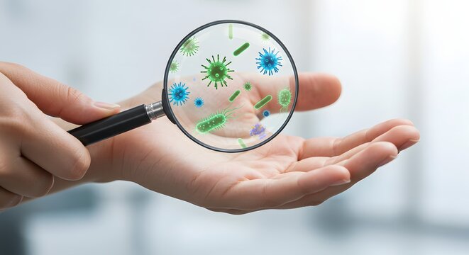Microscopic Examination of Germs and Bacteria on a Hand with a Magnifying Glass in a Laboratory Setting