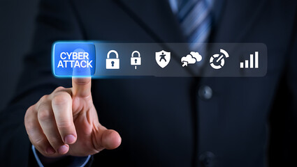 Businessman touching cyber attack button with security icons protection data