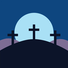 Three christian crosses silhouetted against a large moonlit sky